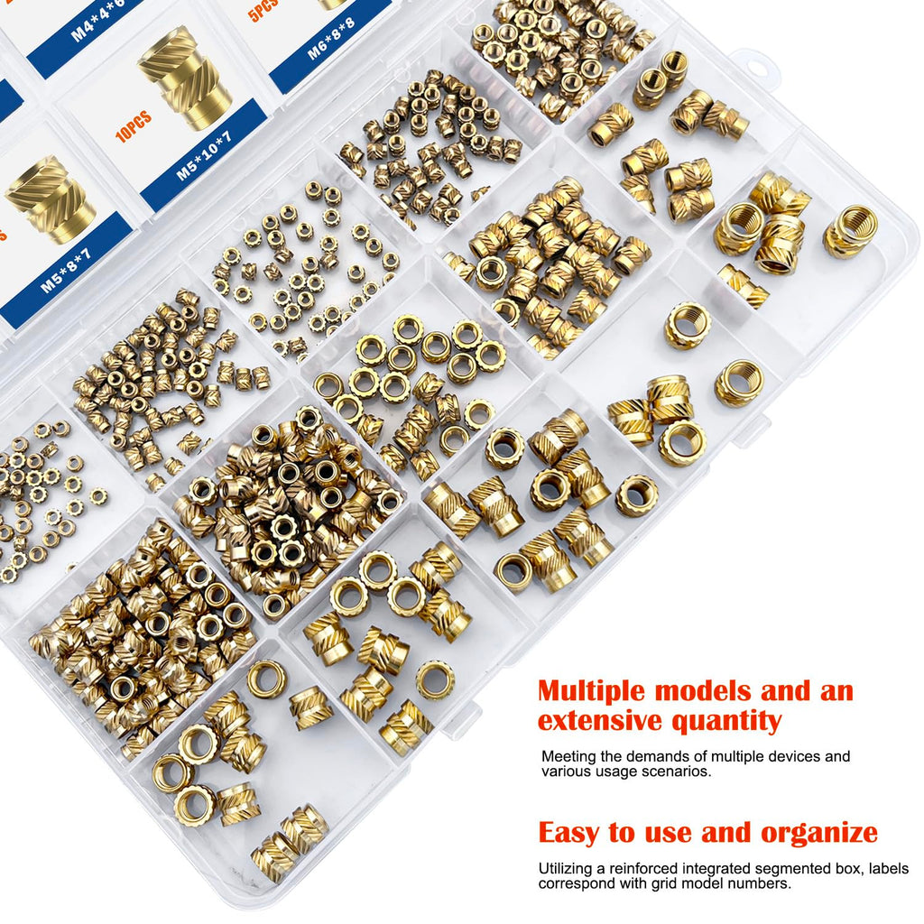 Ktehloy 400Pcs Metric Heat Set Insert, M2 M2.5 M3 M4 M5 M6 Female Thread Knurled Nuts Assortment Kit, Brass Threaded Inserts for Plastic and 3D Printing Components (Threaded Inserts Ket)