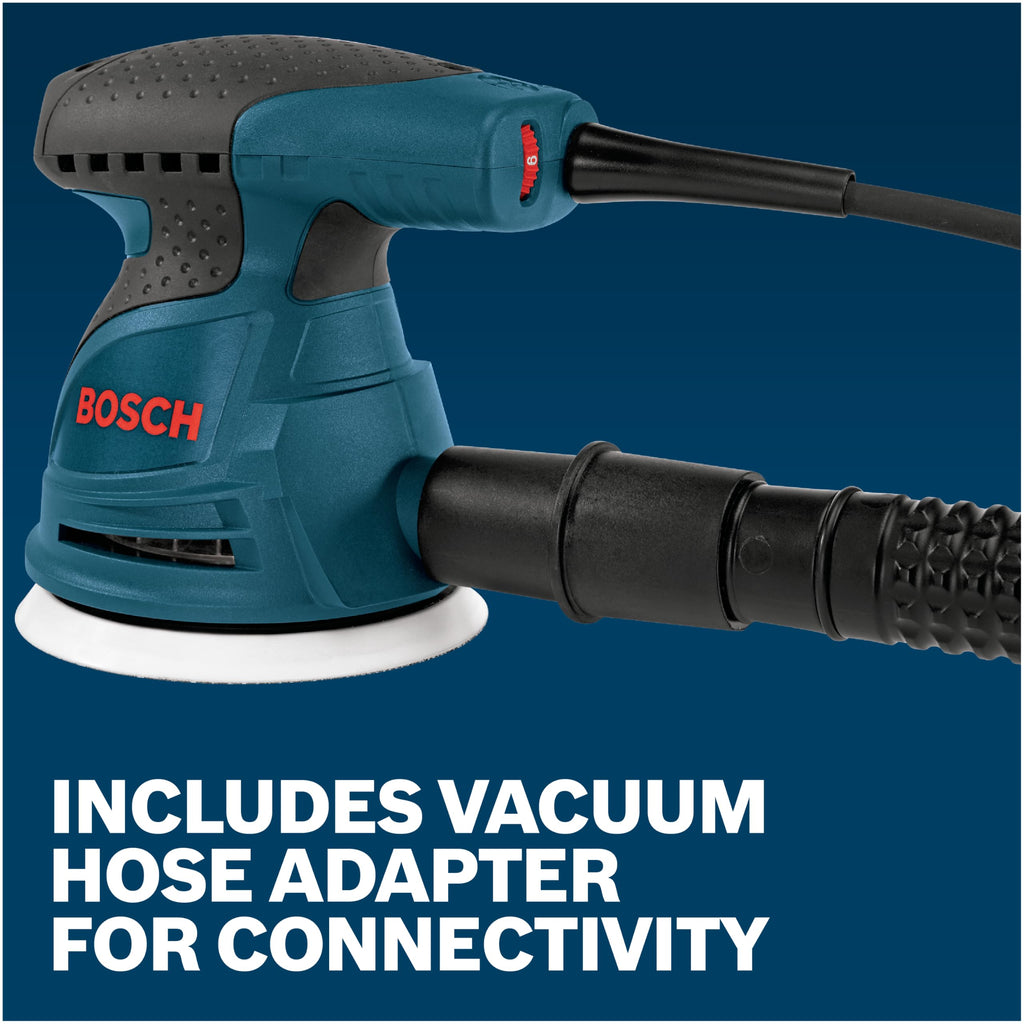 BOSCH ROS20VSC Palm Sander with Vacuum Dust Collector, 2.5 Amp 5 Inch Corded Variable Speed Random Orbital Sander, Polisher Kit with Soft Carrying Bag
