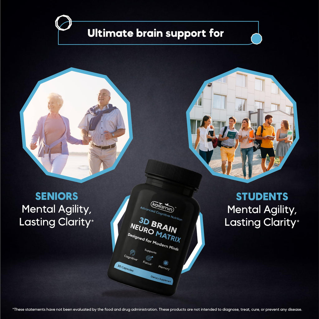 Kaitamin NSF & Eurofins Tested Brain Supplement for Memory & Focus – Nootropic | Ginkgo Biloba, Huperzine A, Bacopa Monnieri, Phosphatidylserine, Caffeine-Free Gelatin (30)
