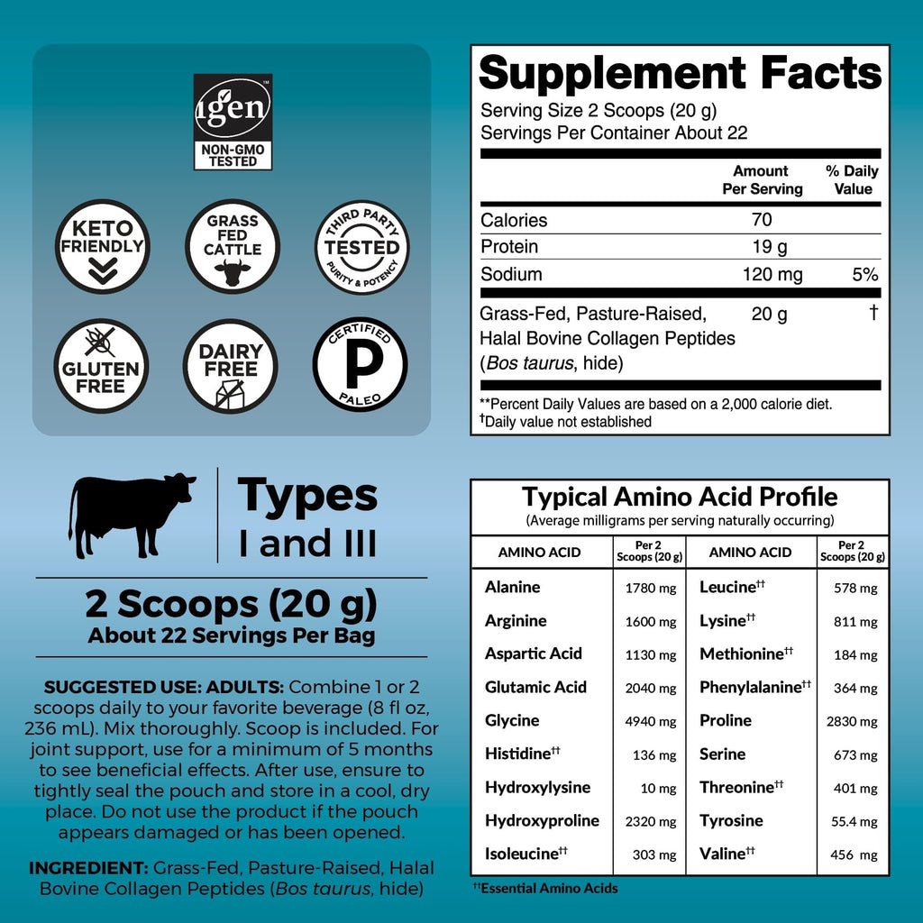 Viva Naturals Collagen Peptides Powder - Grass-Fed Hydrolyzed Bovine, Type I & III - 19 g Protein, Unflavored, Easy Dissolving - Joint, Skin, Hair & Nail Support - Paleo, Keto, Non-GMO - 1lb