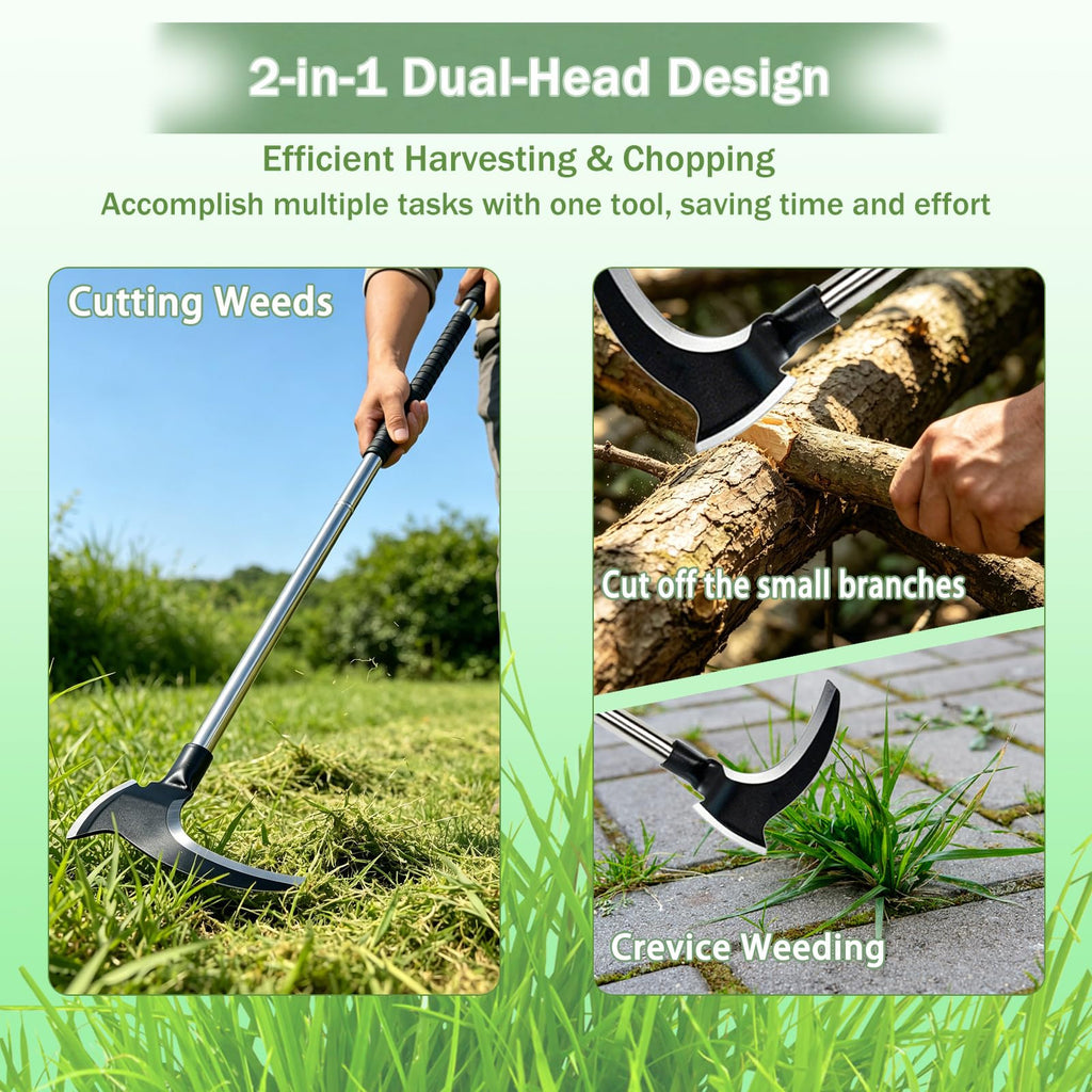 Haipeiyl Harvesting Weeding Sickle, Manual Weeder Tool with Sharp Double Blade Head, Upright Scythe for Weeding Farm Harvesting Clearing Vines Yard Gardening Pruning