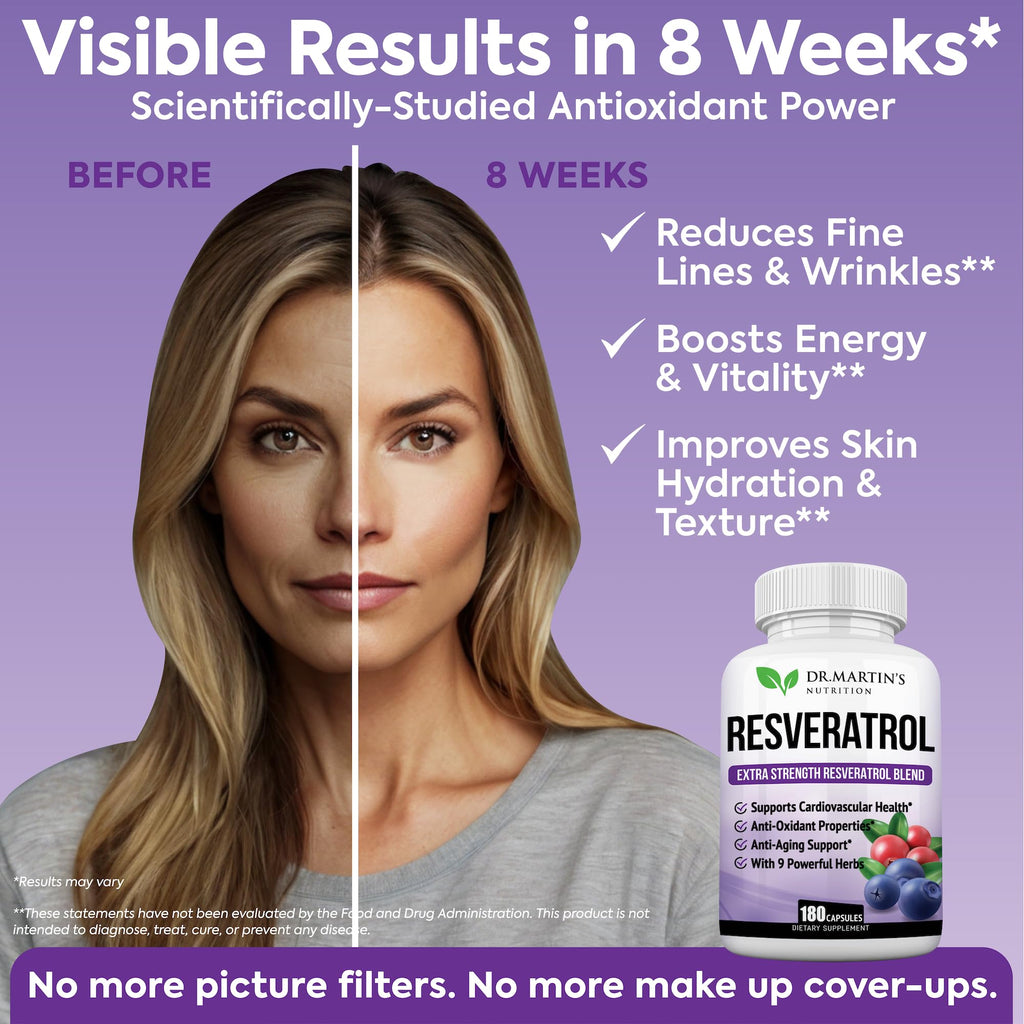 Extra Strength Resveratrol 1568mg - 180 Capsules - 3 Months Supply | Antioxidant Supplement | Natural Trans-Resveratrol Pills | for Anti-Aging, Heart Health, Immune System & Brain Function