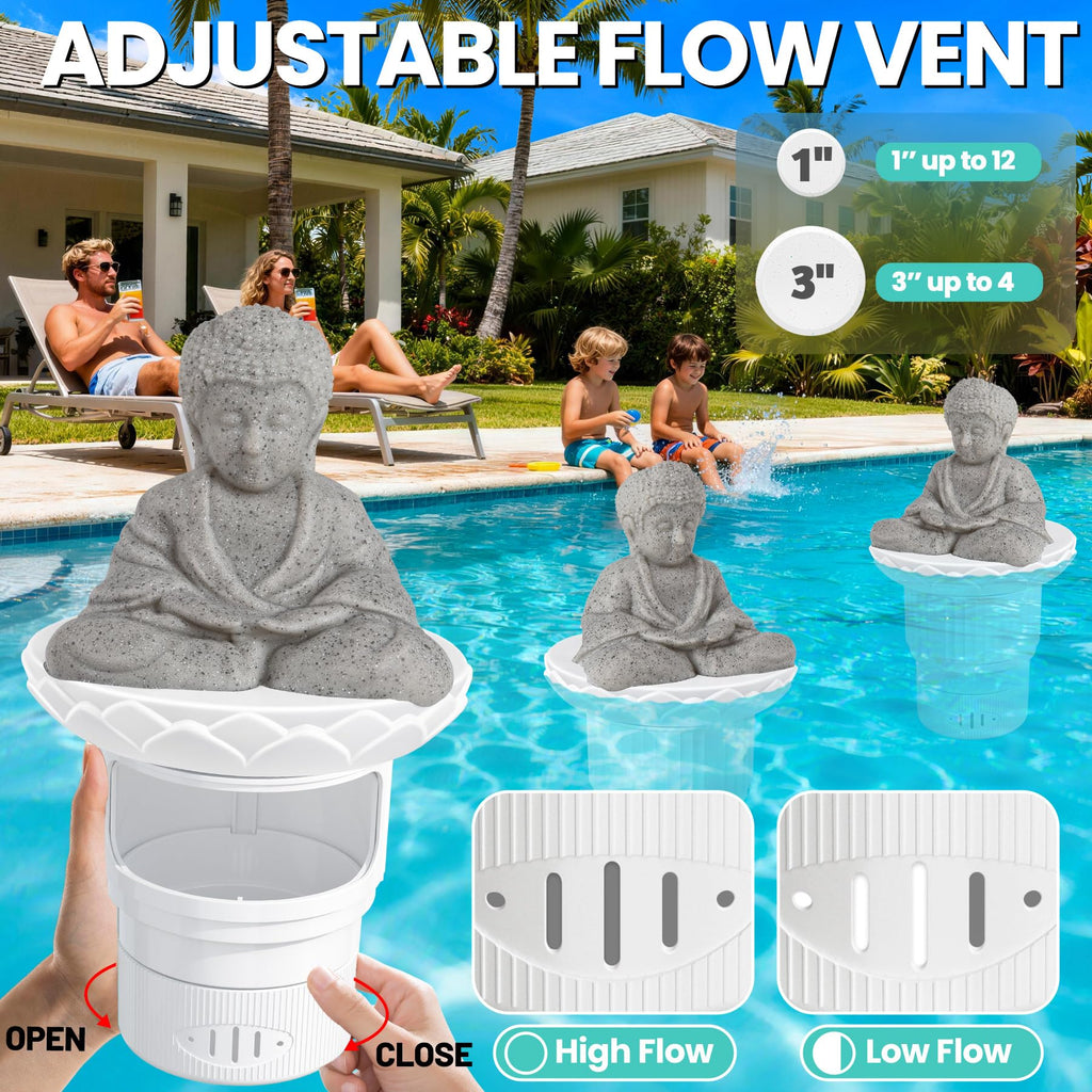 PRAXXIS Solar Chlorine Floater,Buddha Statue Pool Chlorine Floater with Solar Light, Adjustable Floating Chlorine Dispenser for Pool, Collapsible Chlorine Floater, Chlorine Floater for Hot Tub(White)