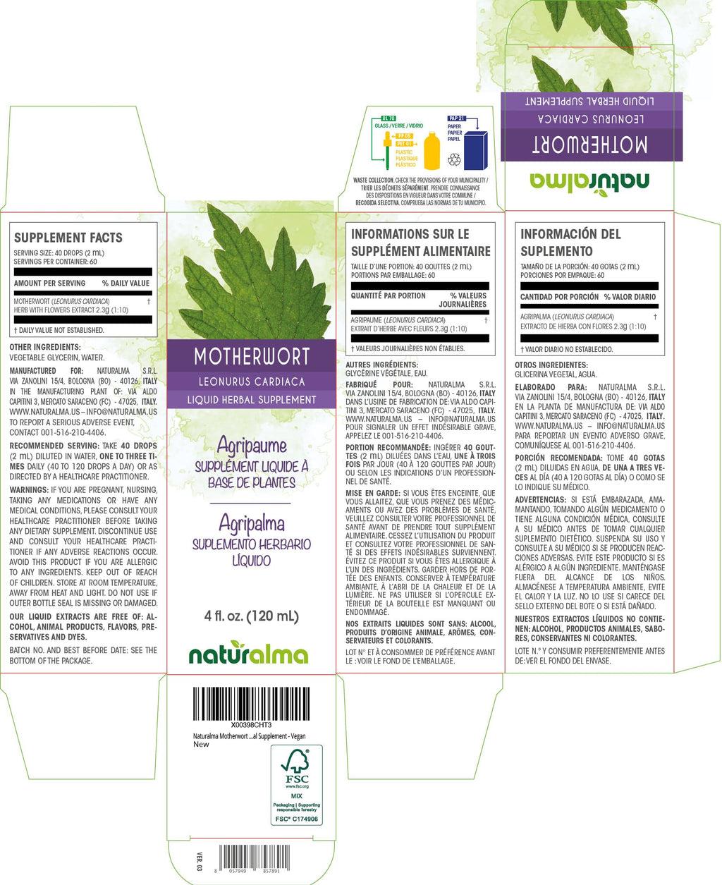 Naturalma Motherwort (Leonurus cardiaca) herb with Flowers Alcohol-Free Tincture - 4 fl oz Liquid Extract in Drops - Herbal Supplement - Vegan