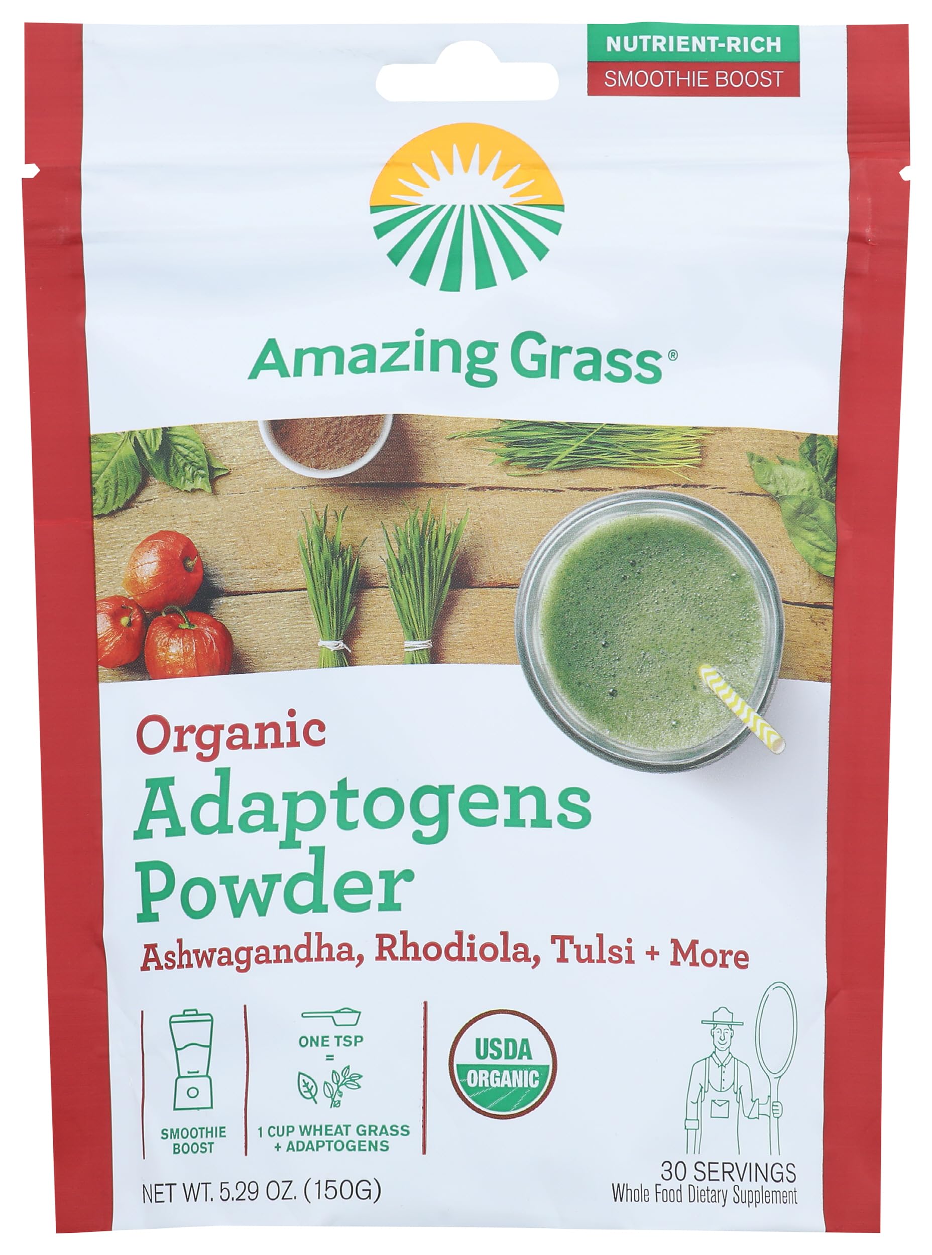 Amazing Grass Adaptogens Booster Smoothie Mix: Greens Powder with Ashwagandha, Rhodiola, Chaga & Tulsi, Smoothie Booster, 30 Servings