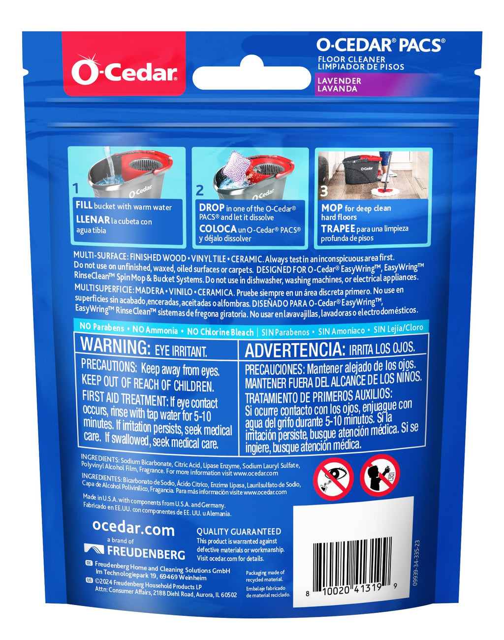O-Cedar PACS Hard Floor Cleaner, Lavender Scent 24 Count (1-Pack) | Made with Naturally-Derived Ingredients | Safe to Use on All Hard Floors | Perfect for Mop Buckets