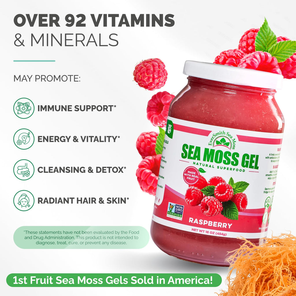 EverSmith Organics - Wildcrafted Irish Sea Moss Gel | Made in USA | Rich in Nutrients | Sea Moss Gel Raw | Jarred Vegetables & Fruits | Raspberry (1 Jar)
