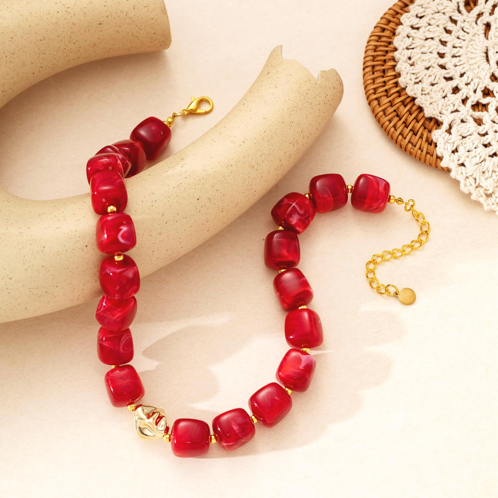 Zhuozatrfa Red Chunky Necklace for Women Cherry Red Square Resin Beads Necklace Bold Statement Choker Necklace Valentine’s Day Christmas Jewelry