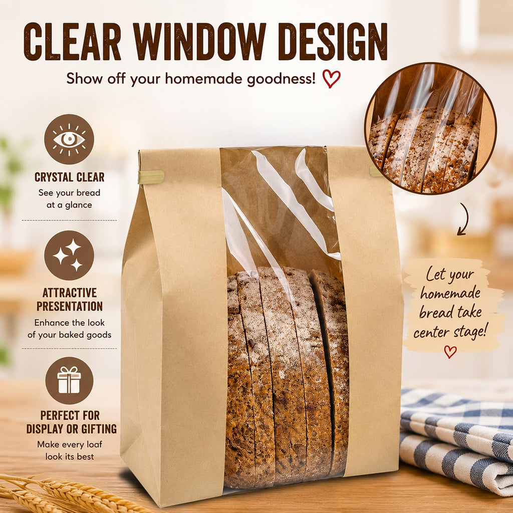 200 Pack Large Paper Sourdough Bread Bags with Tin Tie Tabs & 500 Stickers