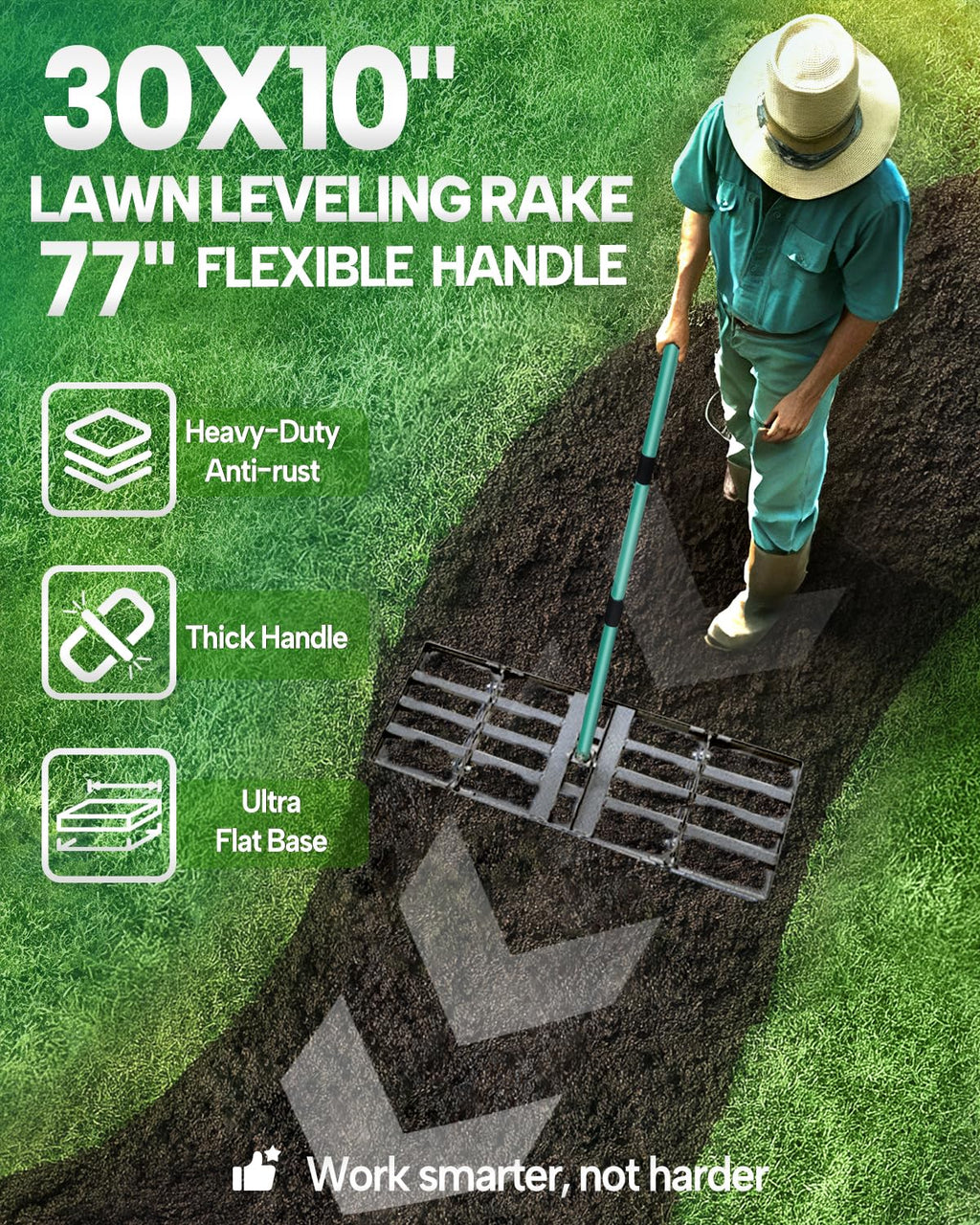 30"x10" Lawn Leveling Rake, Yard Leveling Rake for Soil with 77" Handle