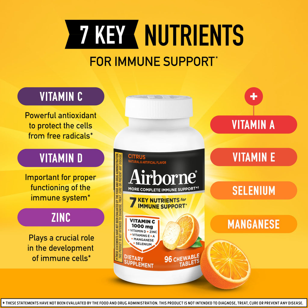 Airborne Vitamin C 1000mg (per Serving) - Citrus Chewable Tablets (96 Count in a Box) - Packaging May Vary