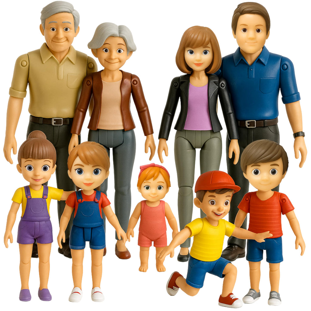 Dollhouse People, Bendable Dollhouse Family Set – 9 Poseable Figures Including Grandpa, Grandma, Mom, Dad, Sister, Brother, Cousins, and a Baby Girl – Perfect for Dollhouse Play and Imaginative Fun