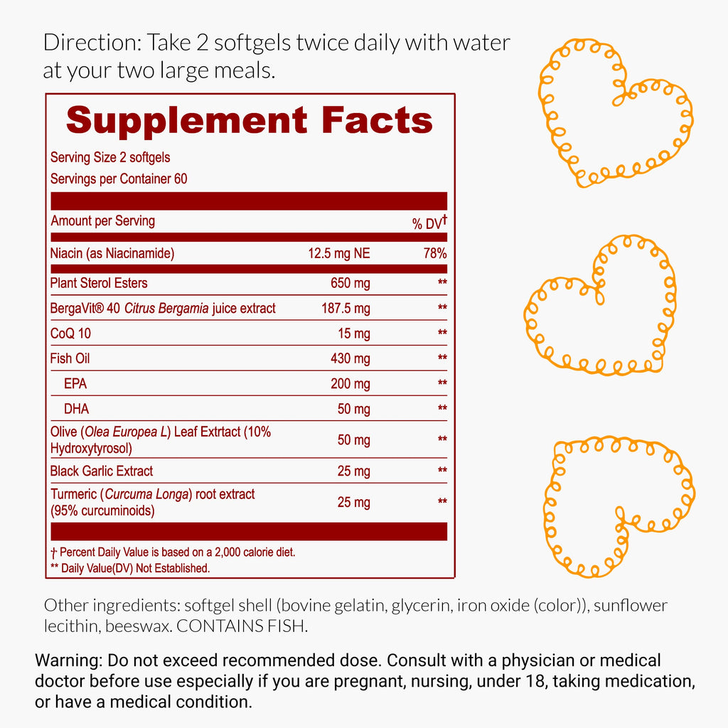 UpNourish Plant Sterols Citrus Bergamot Supplement for High Cholesterol with CoQ10, Omega 3, Olive Leaf, Turmeric Curcumin, Black Garlic and Niacin - 120 Softgels