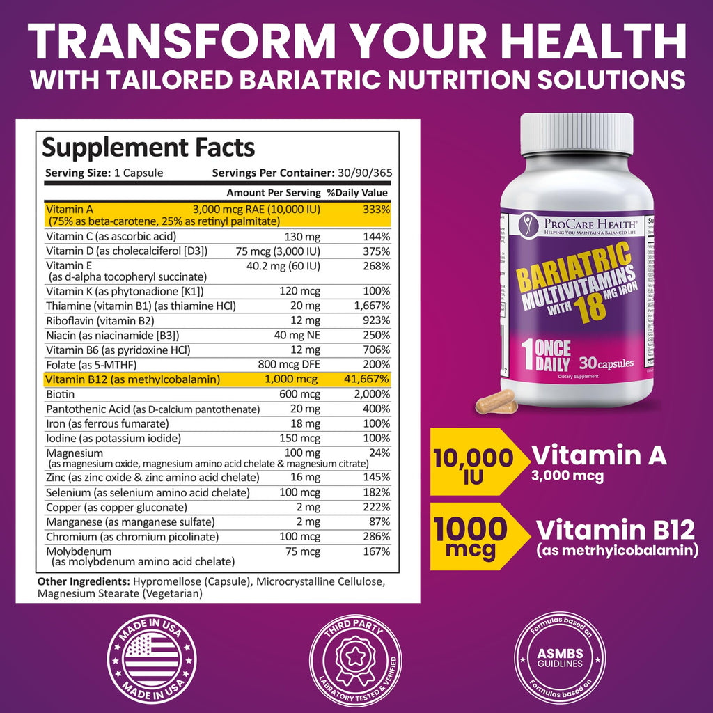 ProCare Health Bariatric Multivitamin with Iron 18mg (30 Easy to Swallow Capsules) - Post Op Bariatric Vitamins for Gastric Bypass Pills - Must Haves for Sleeve Patients (1 Month Supply)