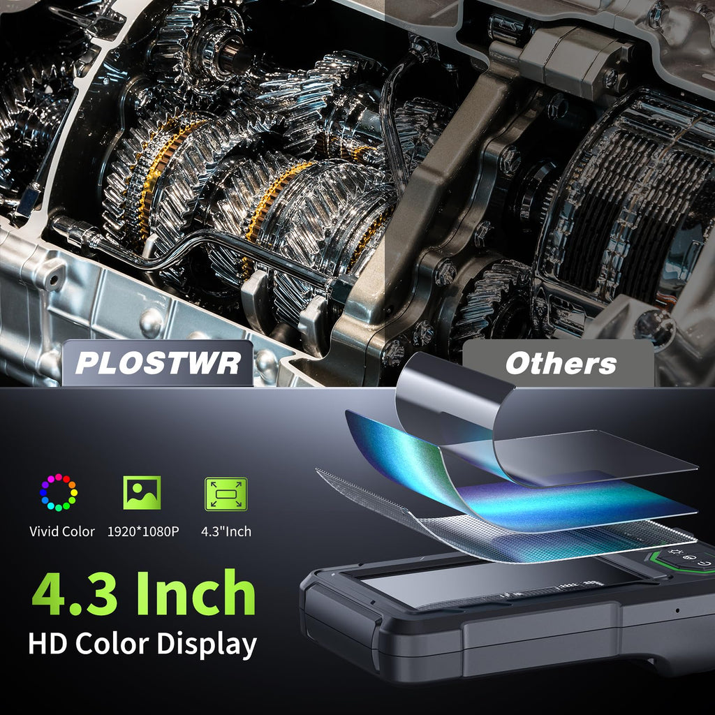 Endoscope Camera with Light, 4.3" Inspection Camera, 1920P HD Borescope with 8 LED Lights, IP67 Waterproof Snake Sewer Tools, 16.4ft Semi-Rigid Drain Endoscope Cool Gadget (Green)