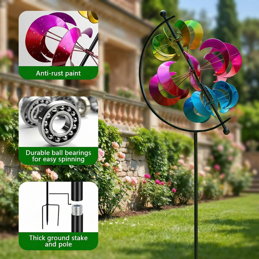 Large Kinetic Solar Wind Spinner Outdoor Metal 3D Yard Art with Stake