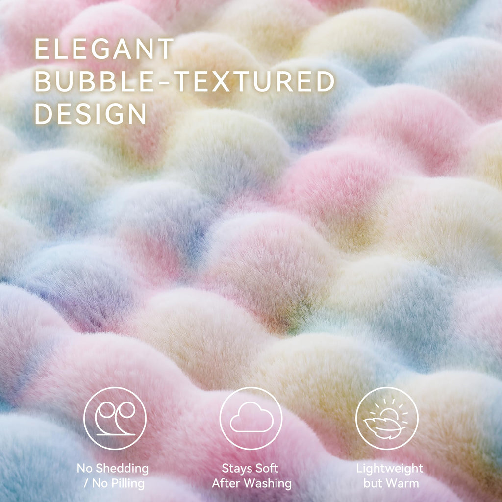 Smoofy Faux Rabbit Fur Throw for Couch - Rainbow Bubble Blanket 50"x60"