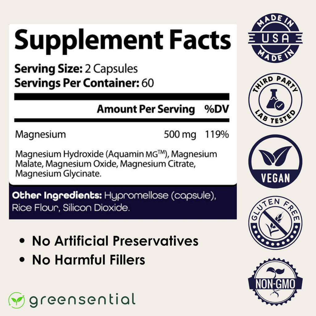 Greensential 5-in-1 Magnesium Complex 500mg | 2-Month Supply | Glycinate, Citrate, Malate, Oxide & Aquamin® | for Sleep, Muscle & Heart Support | High Absorption, 120 Capsules