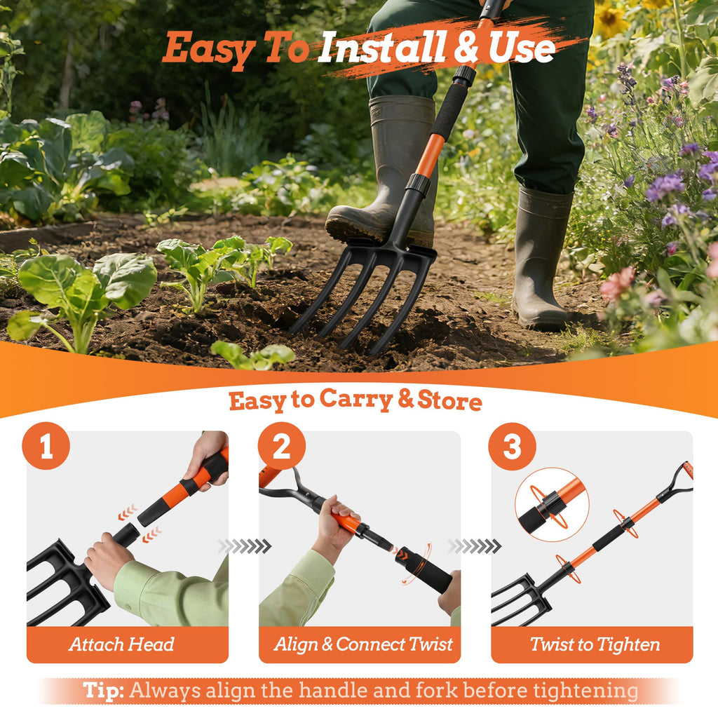 Garden Fork for Digging, 4-Tine Pitch Fork with Foot Step, Ergonomic Y-Handle & Comfortable Grip, Lightweight Durable Pitchfork for Soil Loosening, Compost, Mulch, Weeding & Potato Harvest - 43 Inches