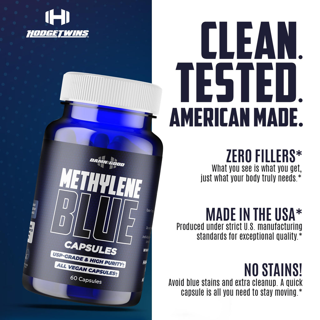 DAMN GOOD The Hodge Twins Ultra Methylene Blue Capsules - Pharmaceutical Grade Supplement - 10mg USP Grade - Vitamin C, for Brain Health, Focus, Energy