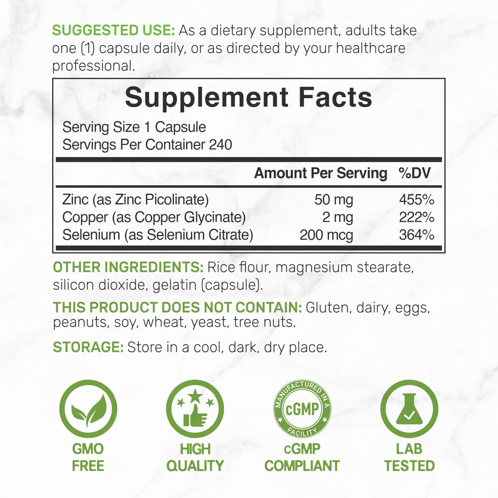 Deal Supplement Zinc 50mg with Selenium + Copper, 240 Capsules, 8 Month Supply, 3 in 1 Mineral Formula, Zinc Picolinate Complex Supplement, Supports Healthy Immune System for Adults and Kids