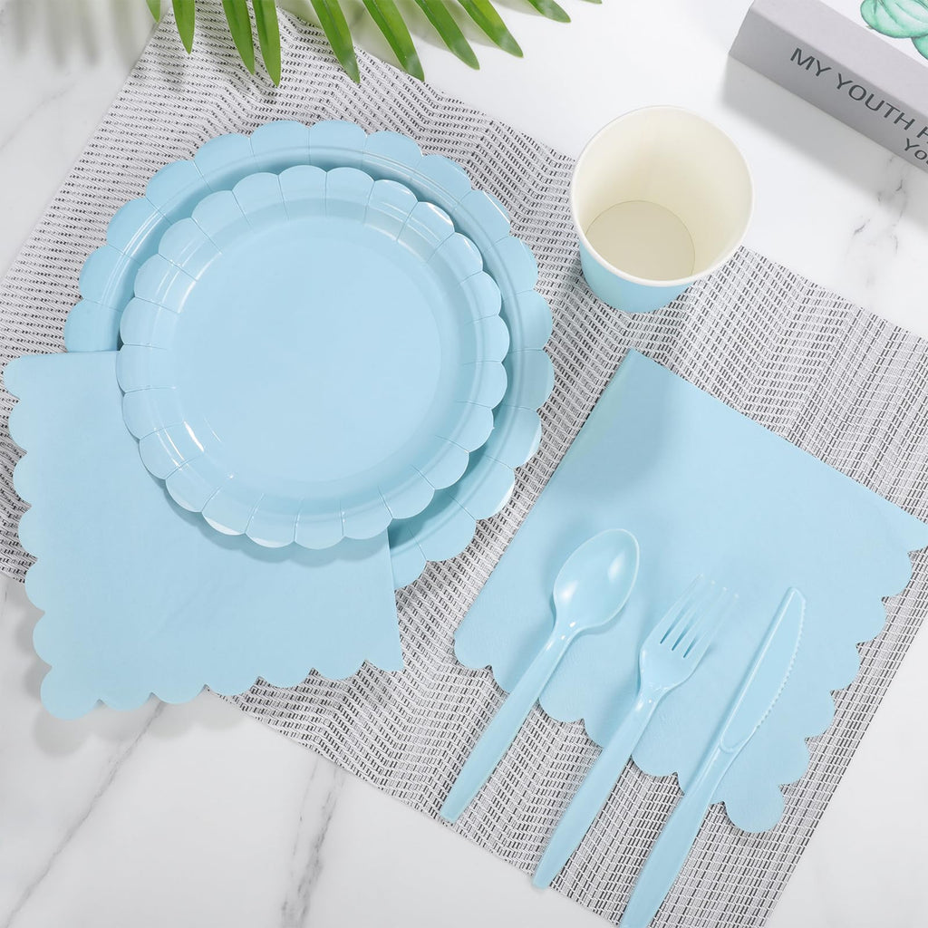 Xiangqu 350 Pcs Light Blue Paper Plates and Napkins, Boy Baby Shower Decorations Include Scalloped Plates Napkins Cups for Kindergarten Graduation, Bridal Shower, Summer Wedding, Birthday