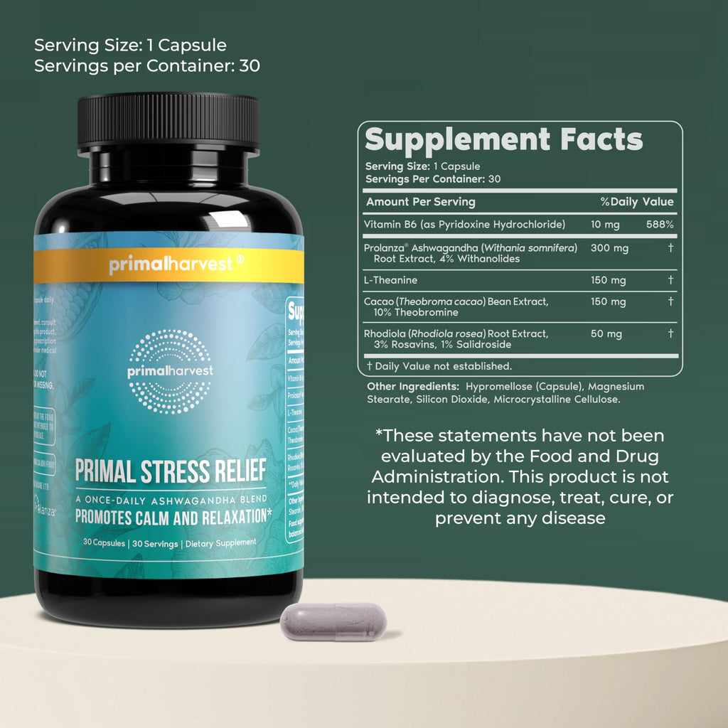 Primal Harvest Stress Relief Supplement for Women and Men Pure Ashwagandha Root Extract, L-Theanine Supplements, 60 Capsules