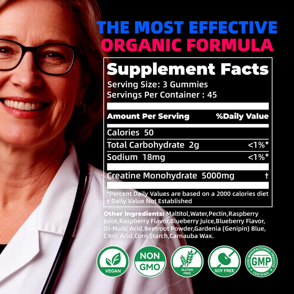 NSF Certified Creatine Gummy 5g - Creatine Monohydrate Gummies for Men & Women. Boost Focus,Strength, and Endurance, Anti-Melting Formula, Vegan, Gluten-Free, Non-GMO,(Raspberry & Blueberry 135 ct)