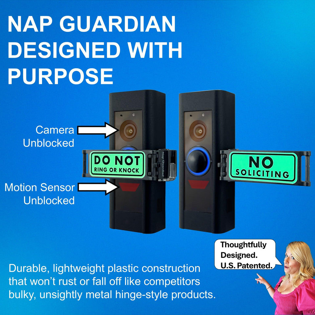 Nap Guardian – The Original – Invented in USA – No Soliciting Doorbell Cover for Ring & Video Doorbells – Blocks Button to Stop Ringing – Rotates Do Not Disturb/No Soliciting