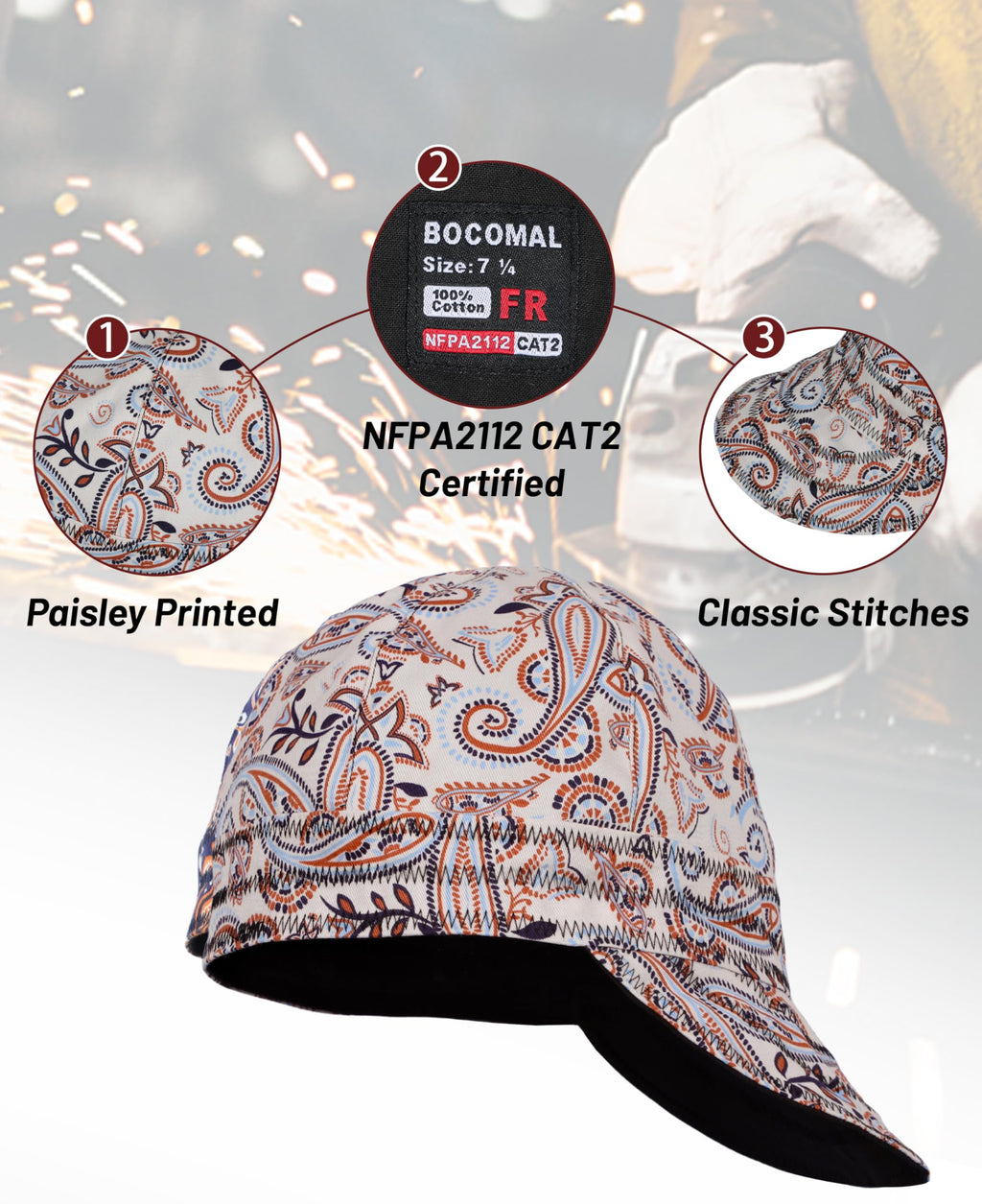 BOCOMAL Welding Cap CAT2 Flame Resistant Midweight 6 Pannel Welder Hats 7 5/8