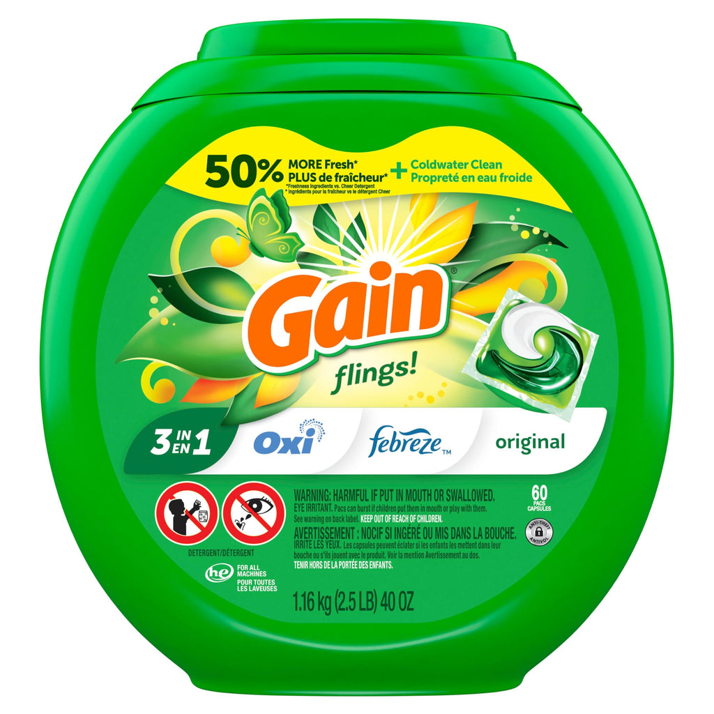 Gain Flings Laundry Detergent Pacs, 60 Count, Original Scent, with Odor Defense, Concentrated Laundry Soap Pacs