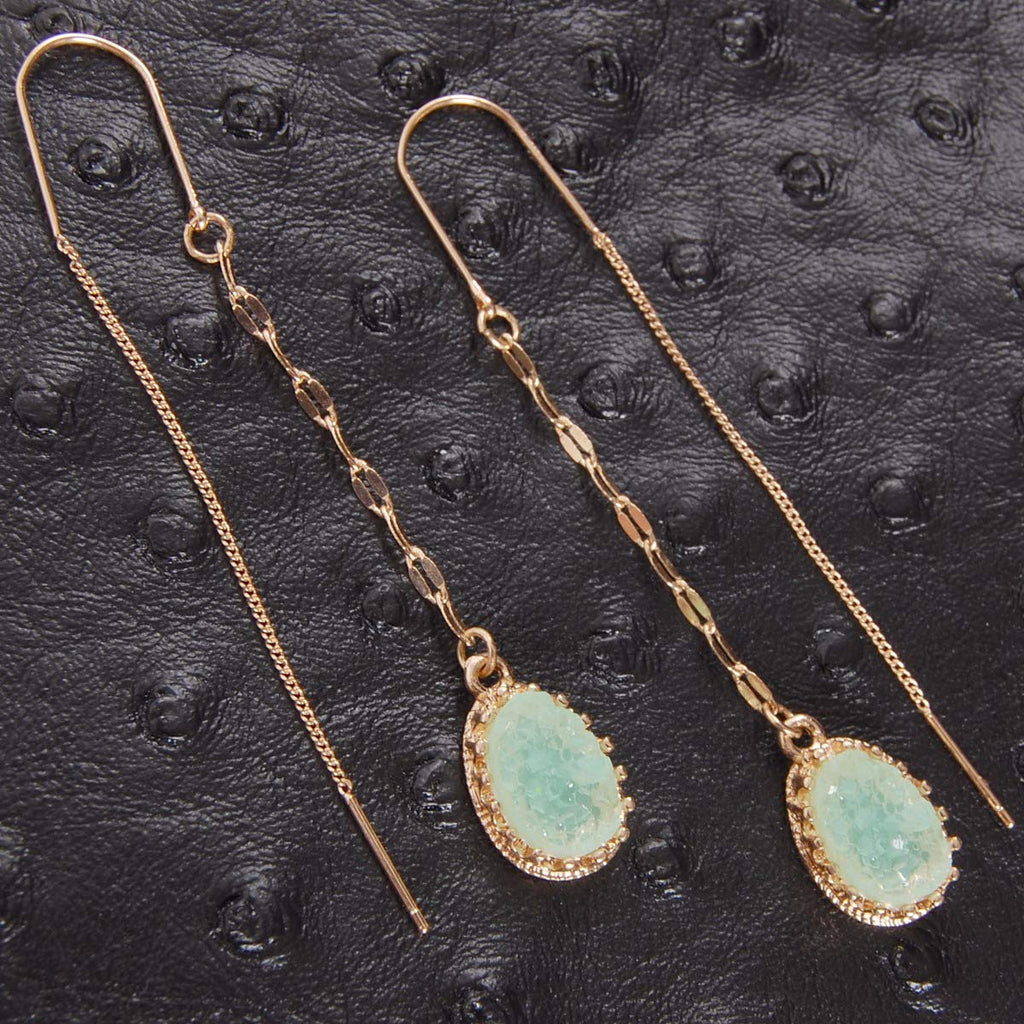 Aqua Green Dangle Earrings for Women - Long Boho Faux Druzy Threader Drops
