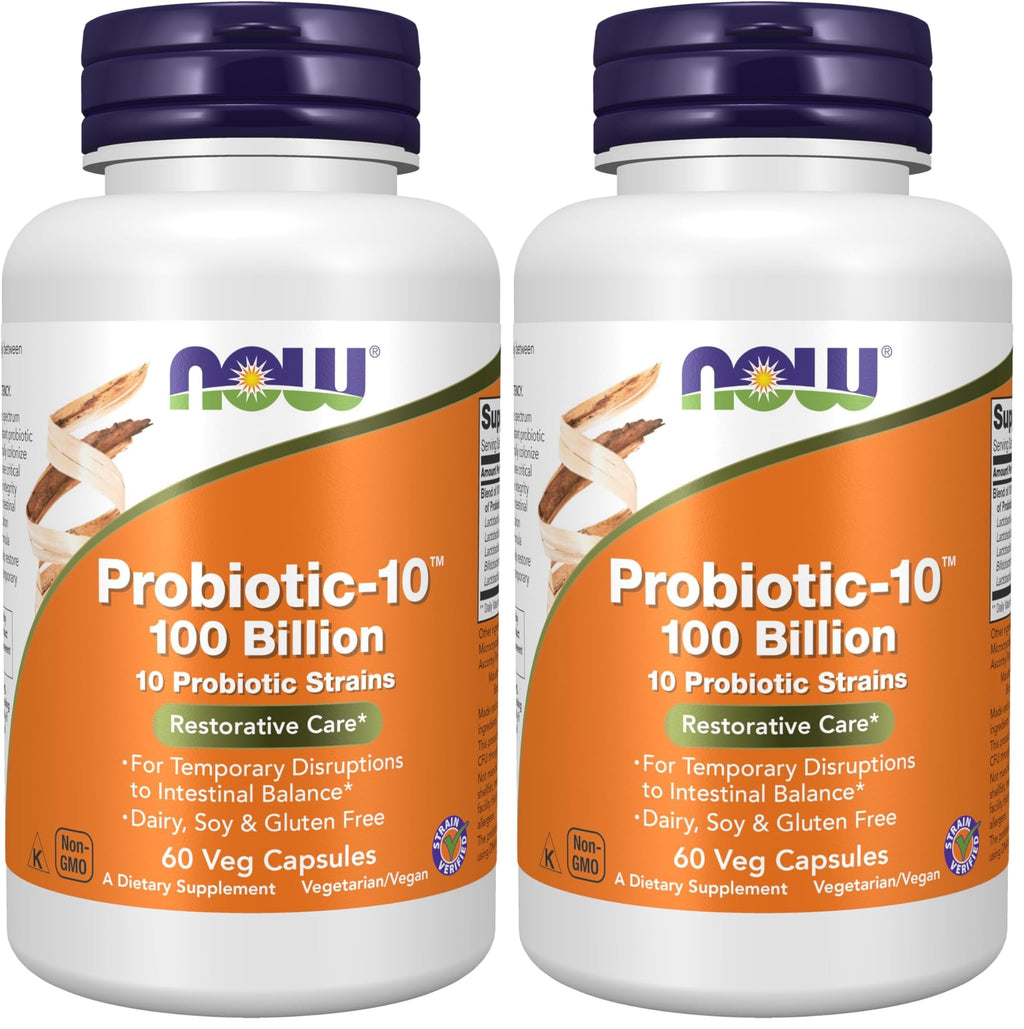 NOW Foods Supplements,Probiotic-10™,100 Billion,with 10 Probiotic Strains,Dairy,Soy and Gluten Free,Strain Verified,60 Veg Capsules,(Pack of 2)