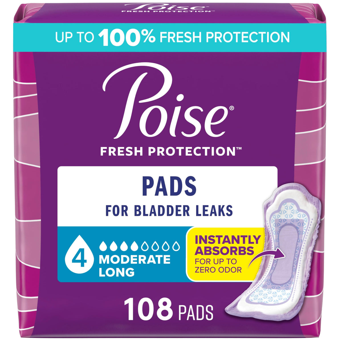 Poise Incontinence Pads for Women, 4 Drop, Long, 108 ct