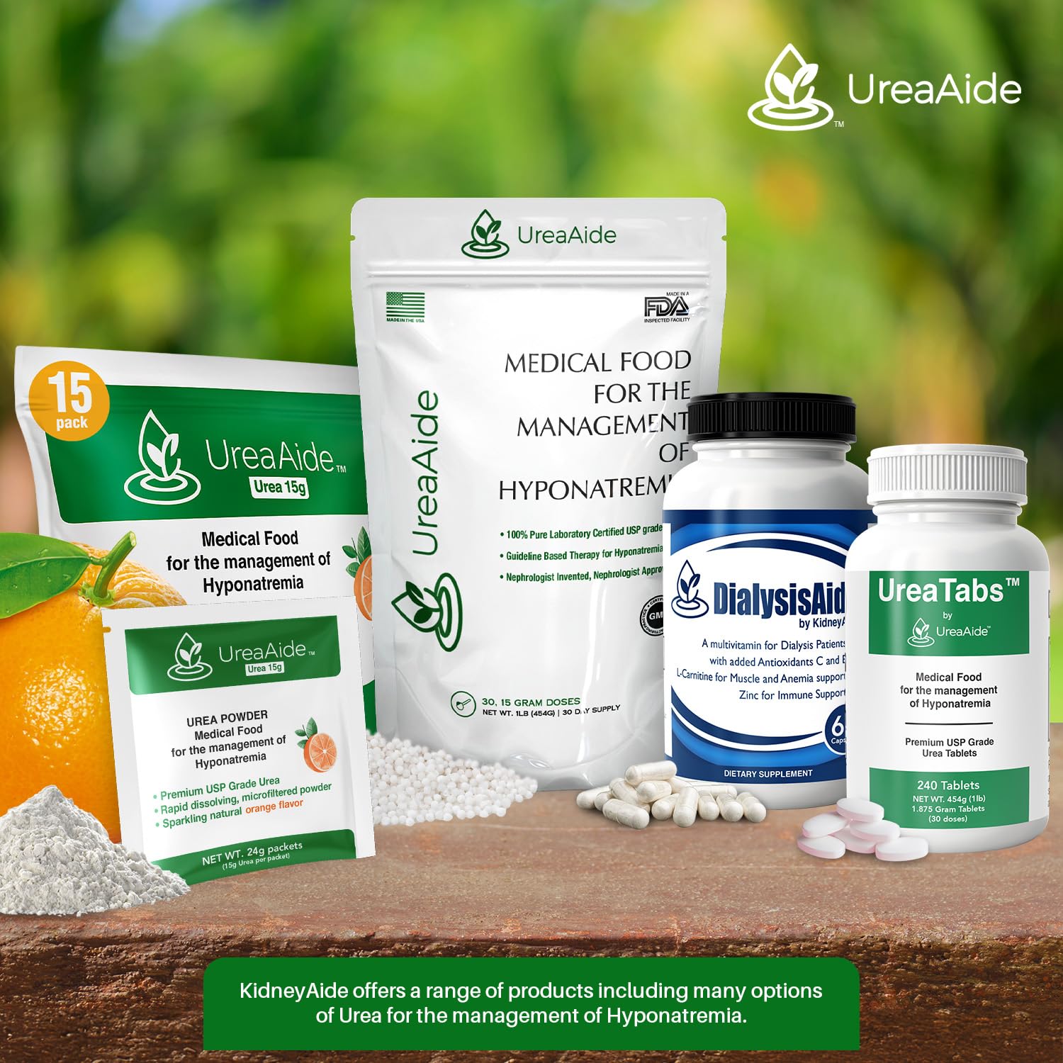 KidneyAide UreaAide Urea Powder Sparkling Natural Orange Flavor for Low Sodium 15 Packs Urea Powder for Hyponatremia, SIADH, Nephrologist Invented 100% Medical Grade Urea 15 gram Urea Per Packet
