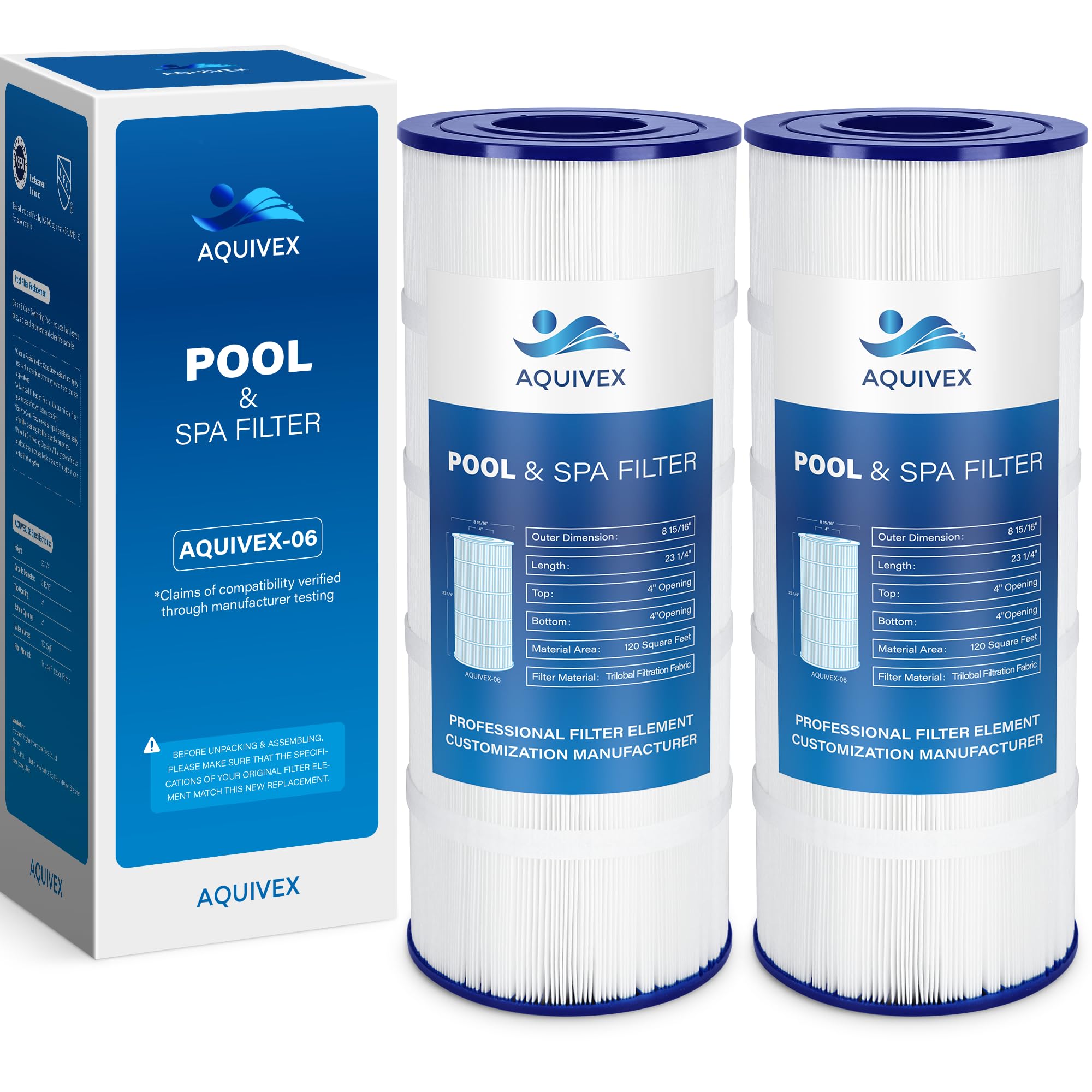 AQUIVEX CX1200RE Pool Filter Cartridge, Compatible with Hayward StarClear Plus C1200, W3C12002, Pleatco PA120, Unicel C-8412, Filbur FC-1293, Porpoise PP-B2-M, Sta-Rite PXC125, 2 Pack