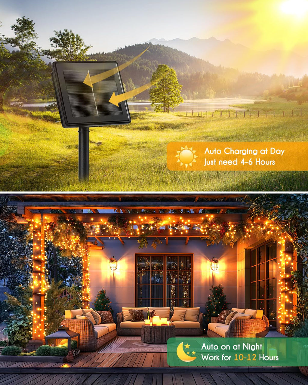 Brightown Solar String Lights for Outside, 19.6Ft 240 LED Solar String Lights Outdoor Waterproof, Solar Fairy Lights with 8 Modes for Patio Party Garden Yard Home, Warm White