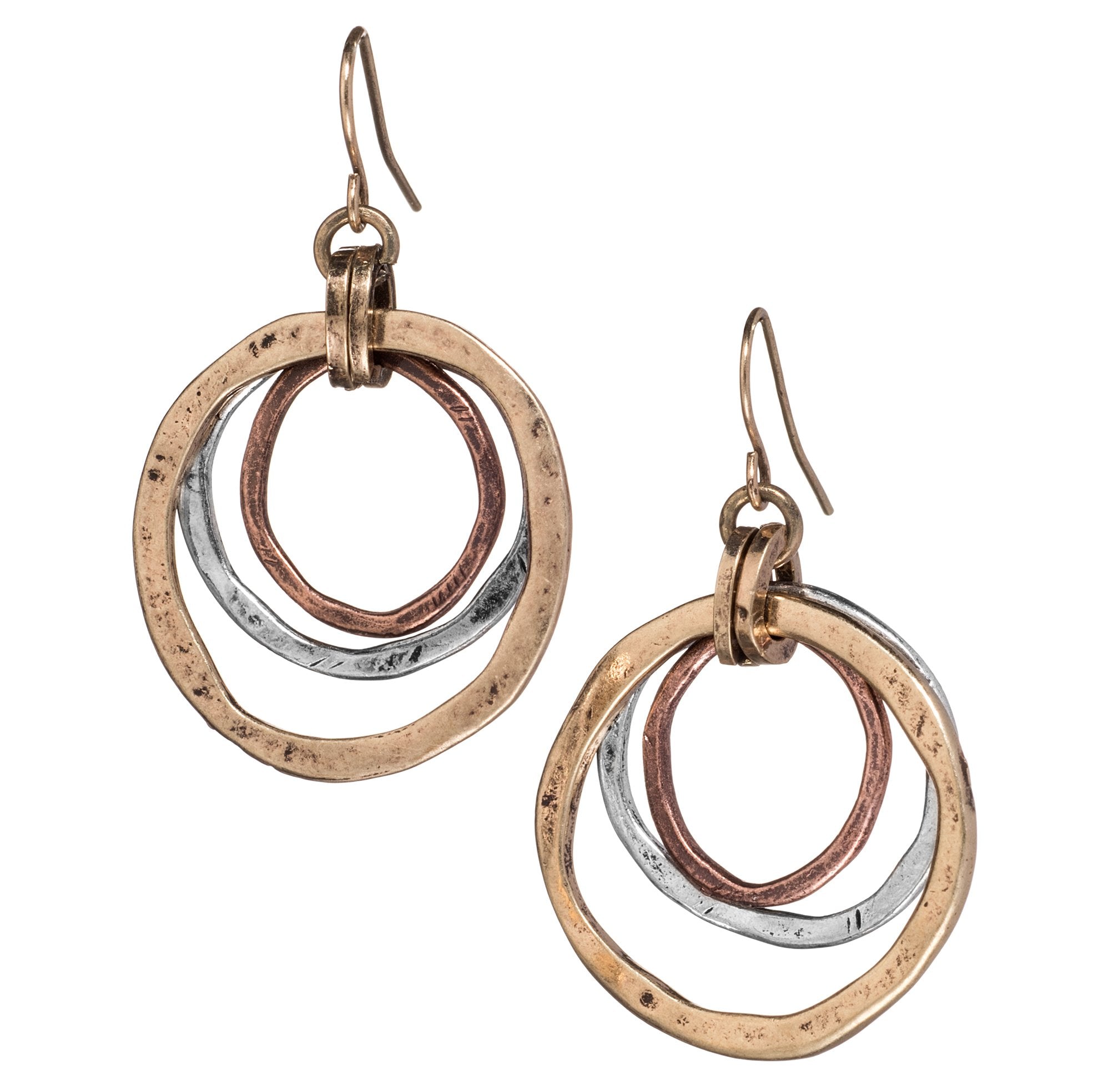 Handmade Sunrise Earrings – Cape Cod USA Award-Winning Artist Judith Stiles – Lightweight Mixed Metal Dangle Earrings – Hammered Brass, Copper & Silver Tone Circles – Coastal Beach Jewelry, Bohemian Style with a Yoga Heart – A Great Gift for Women