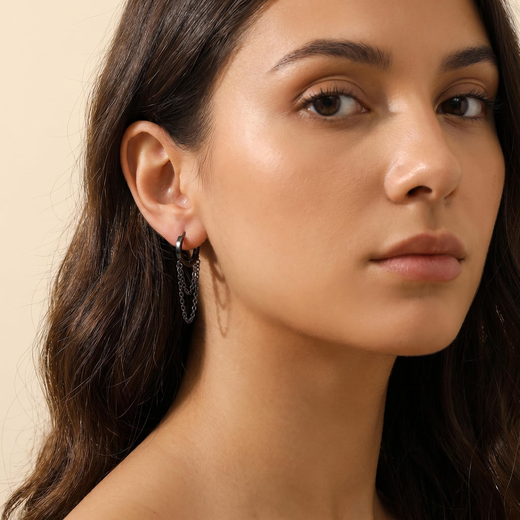 Reffeer 925 Sterling Silver Tassel Chain Drop Dangle Small Hoop Earrings Huggie for Women Teen (D-Black)