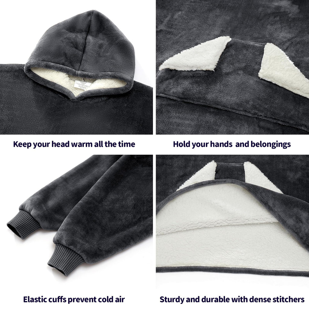 Touchat Wearable Blanket Hoodie for Kids & Teens 6-13 Year Old, Oversized Sherpa Fleece Sweatshirt with Pocket, Soft Cozy Hooded Blankets Christmas Birthday Gift for Boys and Girls, Grey