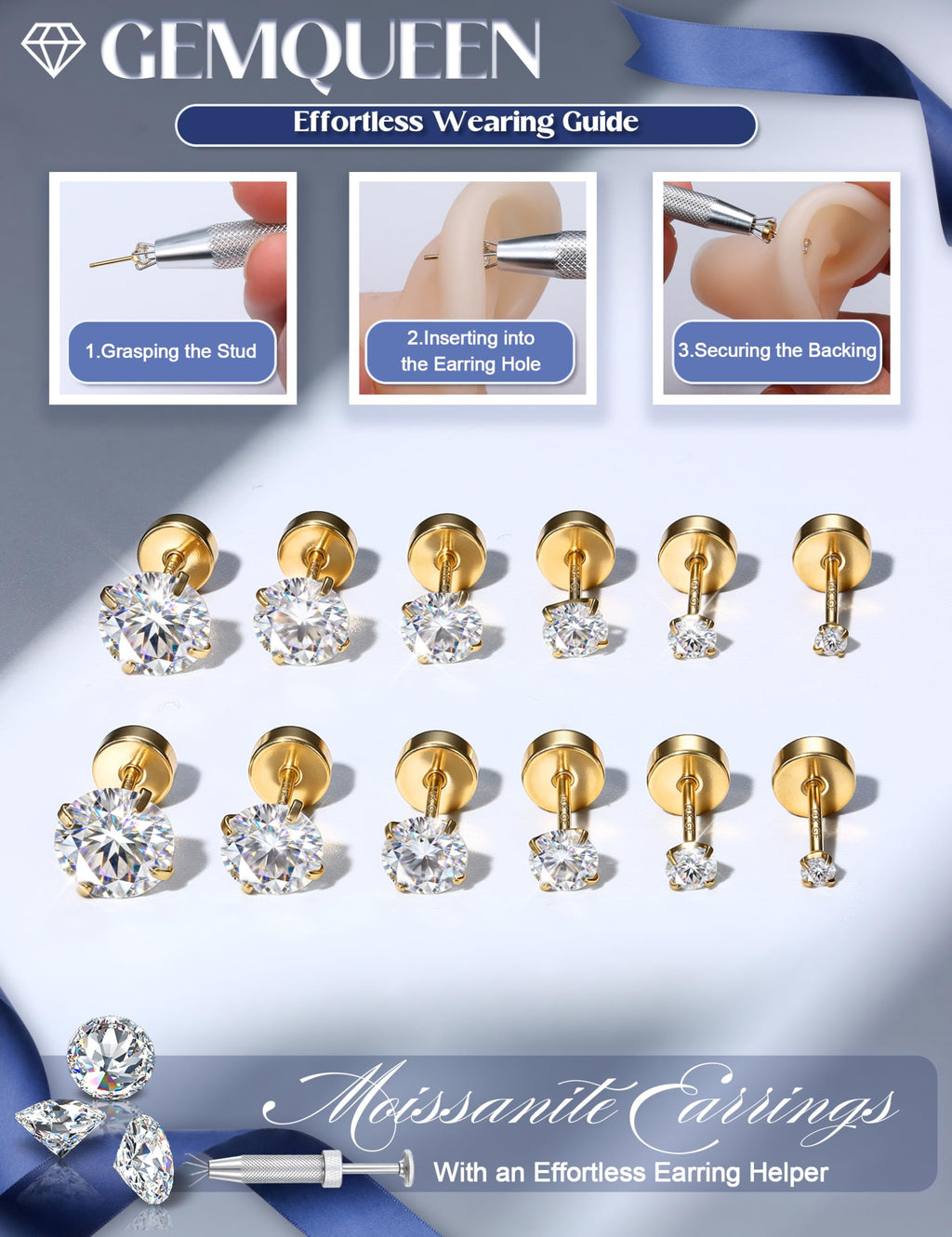 GEMQUEEN 6 Pairs Moissanite Earrings Hypoallergenic Studs Set for Women Men
