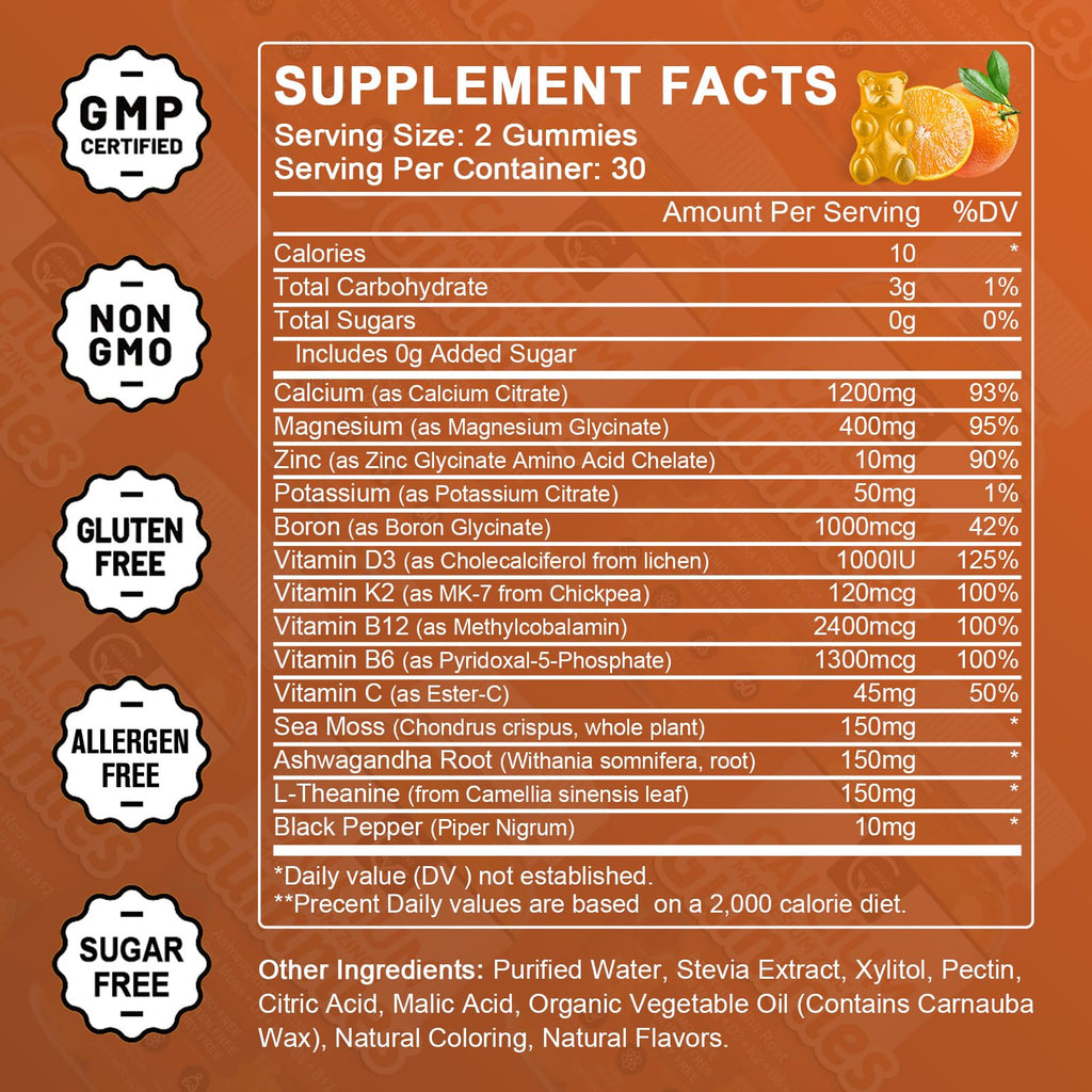 1200mg Calcium Gummies with Vitamin D3,K2,B12 & B6 - Plant Complex Calcium Magnesium Supplement with Glycinate,Potassium,Sea Moss,Ashwagandha Root for Bone & Teeth Strength, Muscle & Immune-2 Pack