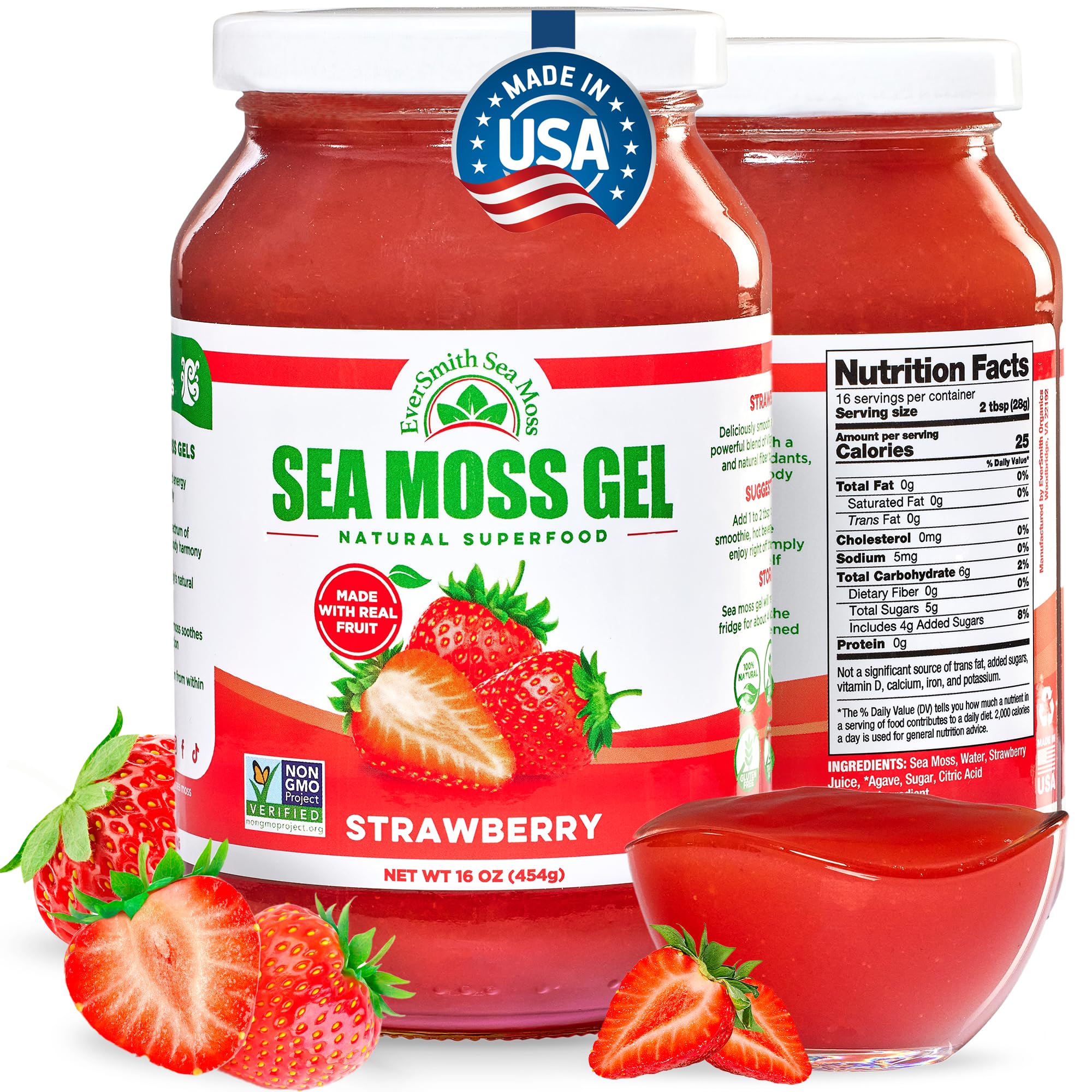 EverSmith Organics - Wildcrafted Irish Sea Moss Gel | Made in USA | Rich in Vitamins & Minerals | Sea Moss Gel Raw | Nutritional Supplement | Strawberry (16 oz)