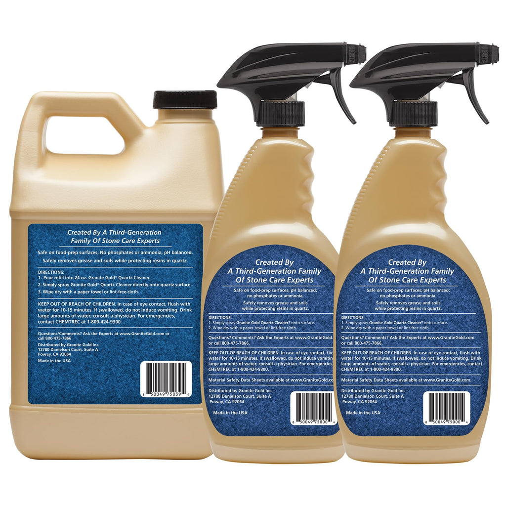 Granite Gold Quartz Cleaner Spray for Caesarstone, Cambria, Silestone and All Other Quartz Countertop Surfaces, 64 Fluid Ounces and 2 x 24 Fluid Ounces
