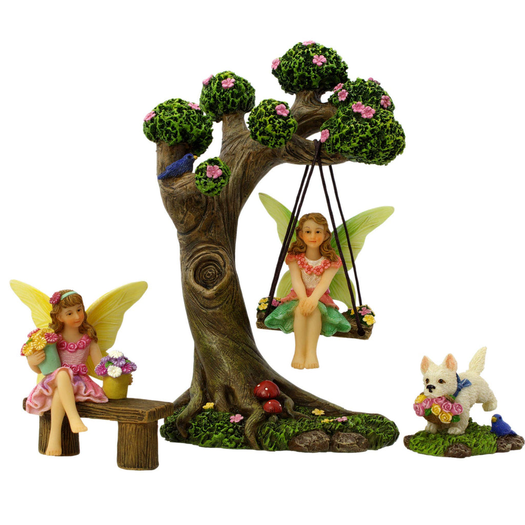 PRETMANNS Fairies for Fairy Garden - 4 Piece Set with Tree Swing