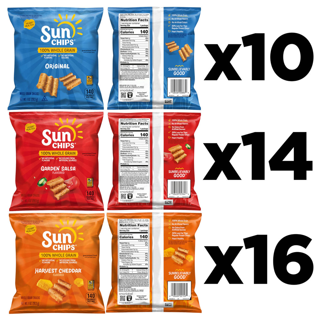 SunChips 100% Whole Grain Chips, Variety Pack, 1 oz Bags, Pack of 40, No Artificial Flavors, Colors