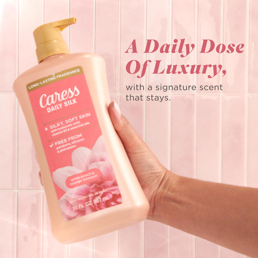 Caress Body Wash With Pump Daily Silk White Peach & Orange Blossom Body Soap for Noticeably Silky, Soft Skin 30 fl oz, 4 Pack