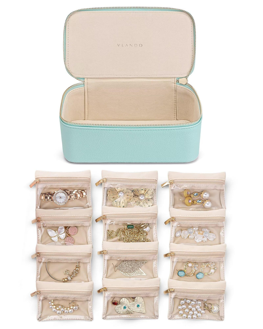 Vlando Jewelry Travel Case,Travel Jewelry Organizer with Clear Velvet Jewelry Bags 12Pcs Zipper Pouch for Women Girl Trendy Stuff Gift-Lake Blue