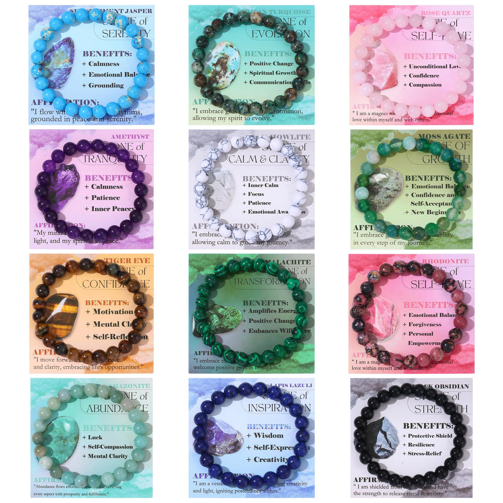 FIRAZIO 12Pcs Natural Stone Beaded Bracelets for Women Men Semi-Precious Gemstones Bracelets Crystal Bracelet Unisex Adjustable Stretch Bracelets (8MM)