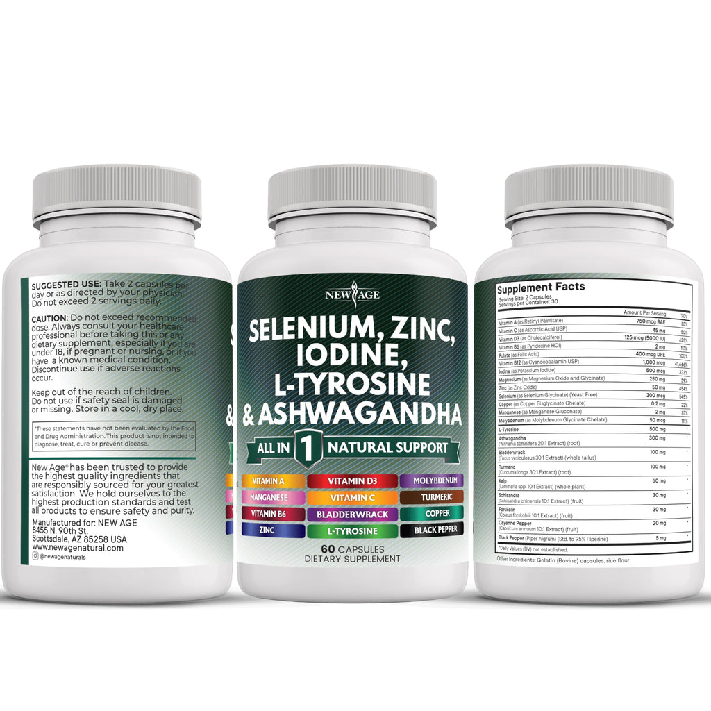 NEW AGE Selenium, Zinc, Iodine, L Tyrosine, Ashwagandha - Supplement for Women and Men with Bladderwrack, Turmeric, Silica Kelp, Schisandra - 120 Count